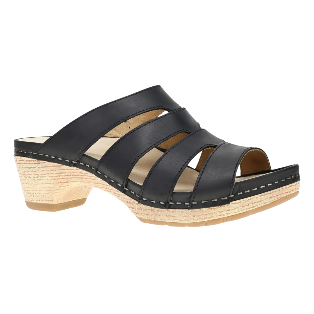 Black sandal with wooden sole on a white background