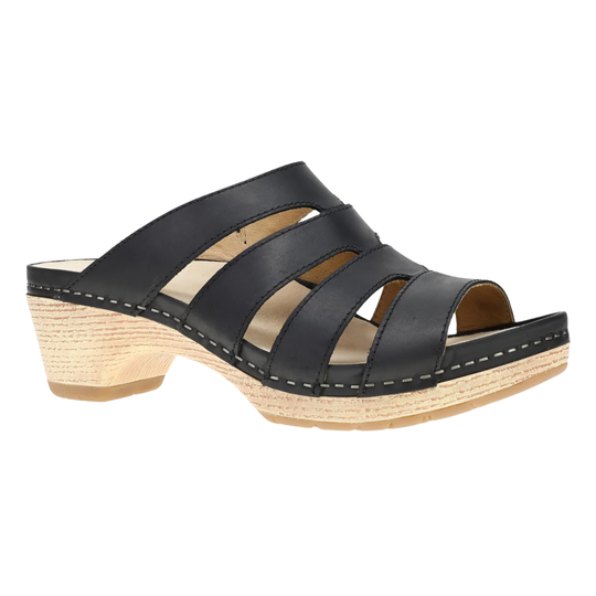 Black sandal with wooden sole on a white background