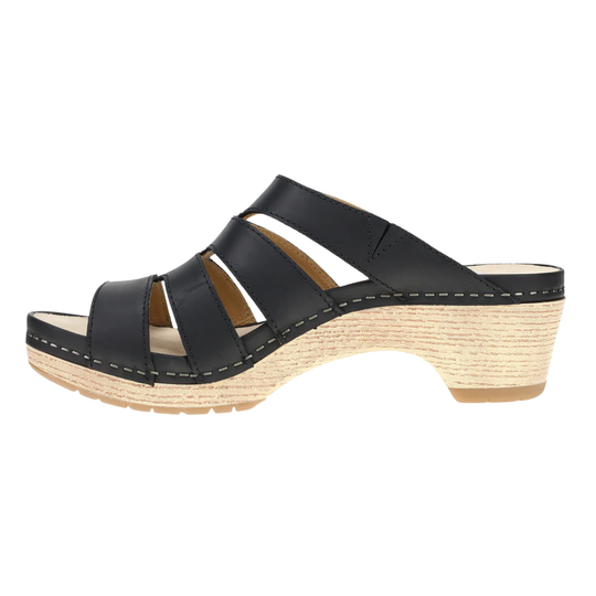 Black sandal with a woven sole on a white background