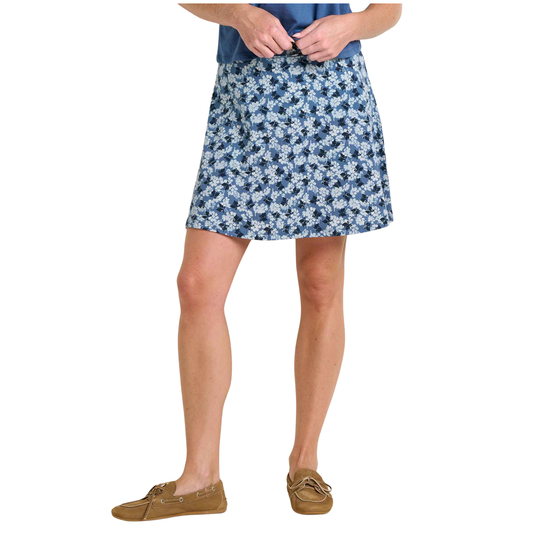Person wearing a blue floral skirt on a white background