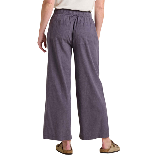 Wide-leg gray pants shown from the back with an elastic waistband and patch pockets.