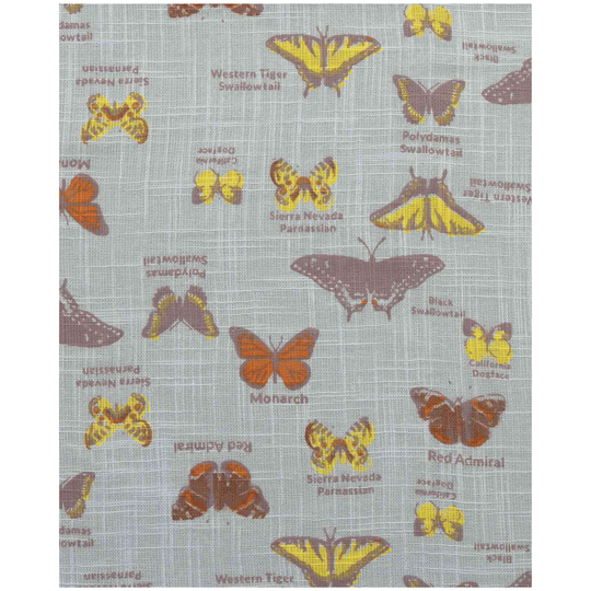 Fabric with butterfly illustrations and names on a gray background