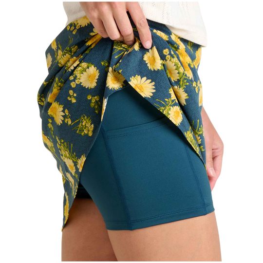 Teal shorts with yellow floral pattern on a white background