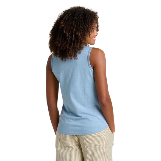 Woman wearing a light blue sleeveless top on a white background