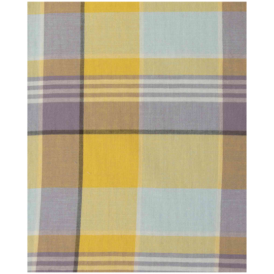 Plaid fabric with yellow, blue, and purple colors on a white background