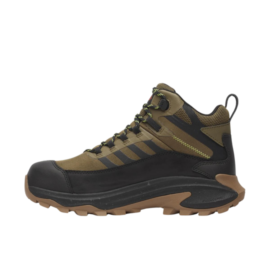 Brown and black hiking boot on a white background