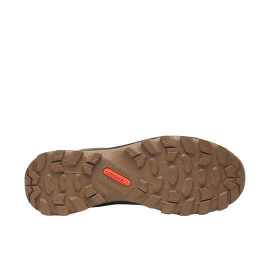 Brown shoe sole with a visible brand logo on a white background