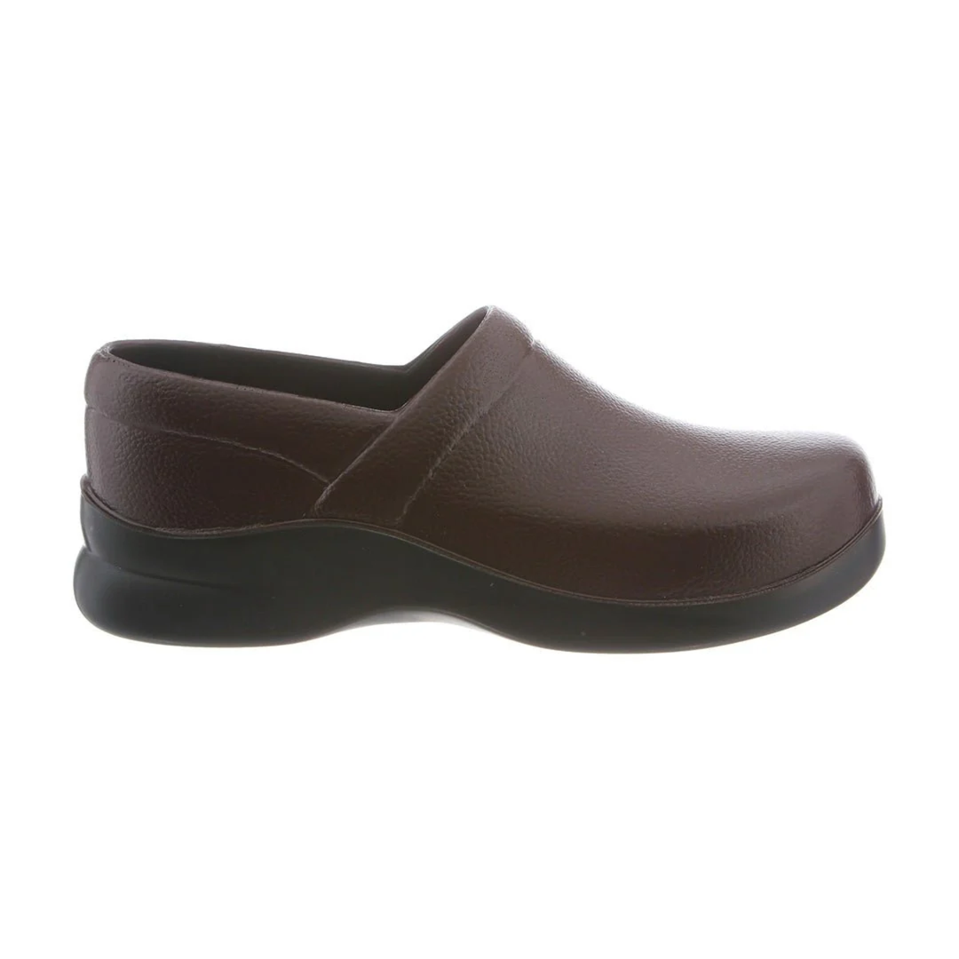 Brown leather slip-on work clog with black molded sole, side seam detailing, and closed toe