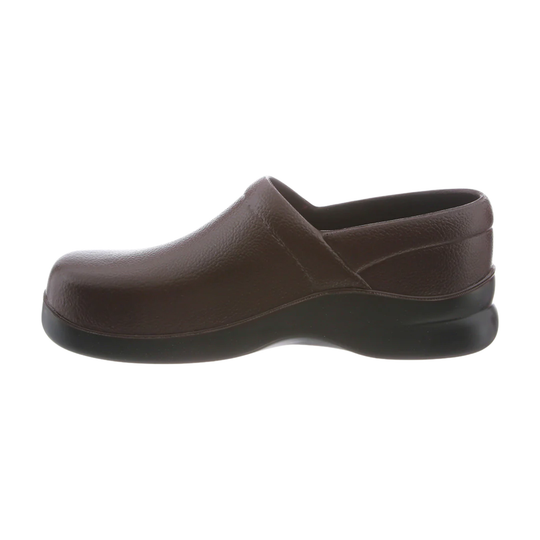 Brown slip-on clog with a rounded toe and thick black outsole, side view