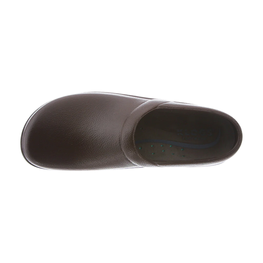 Brown leather slip-on clog seen from above on a white background
