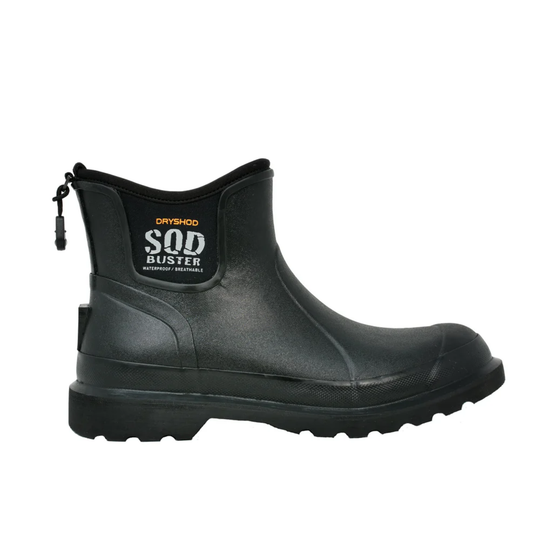 Black rubber boot with a visible brand label on a white background