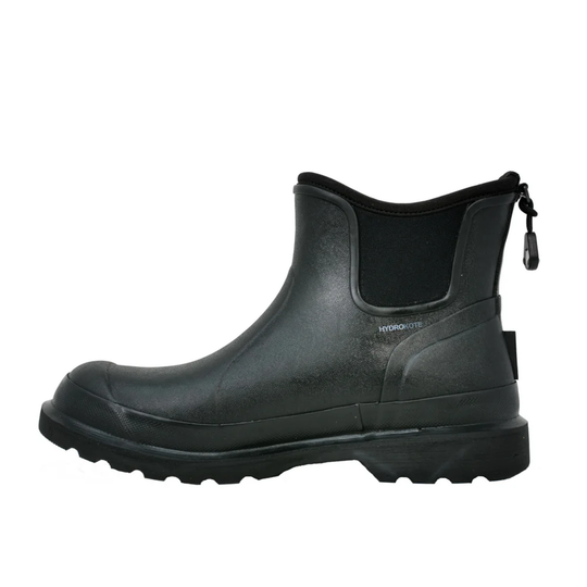 Black rubber boot with a zipper on a white background