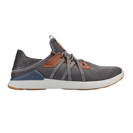 Gray sneaker with brown accents on a white background