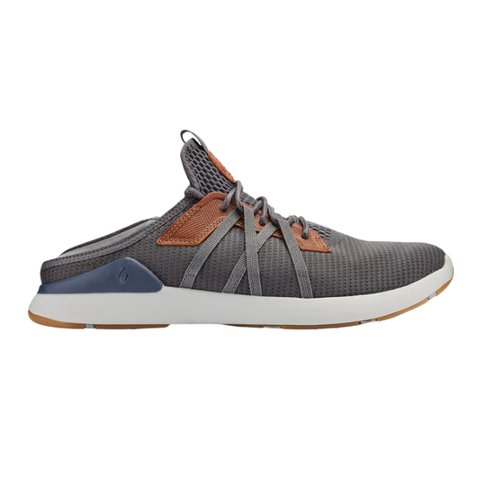 Gray sneaker with brown accents on a white background