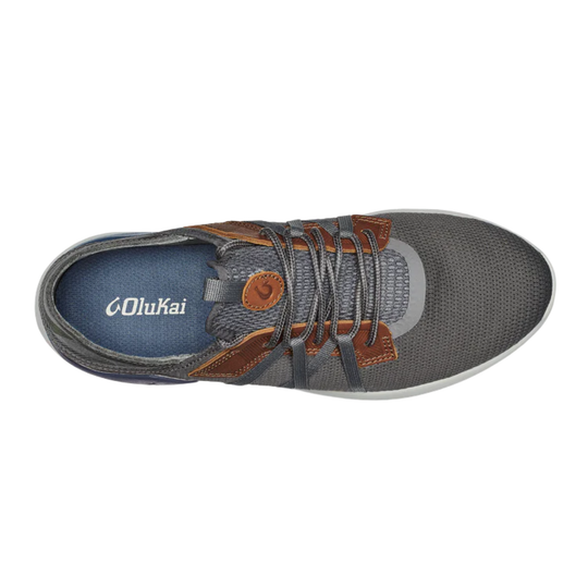 Gray sneaker with brown accents on a white background