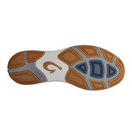 Sole of a shoe with brown, gray, and blue pattern on a white background