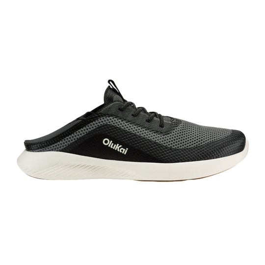 Black mesh sneaker with white sole and visible Olukai logo on the side