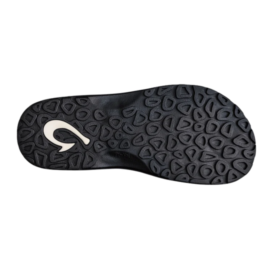 Black shoe sole with a white logo on a white background