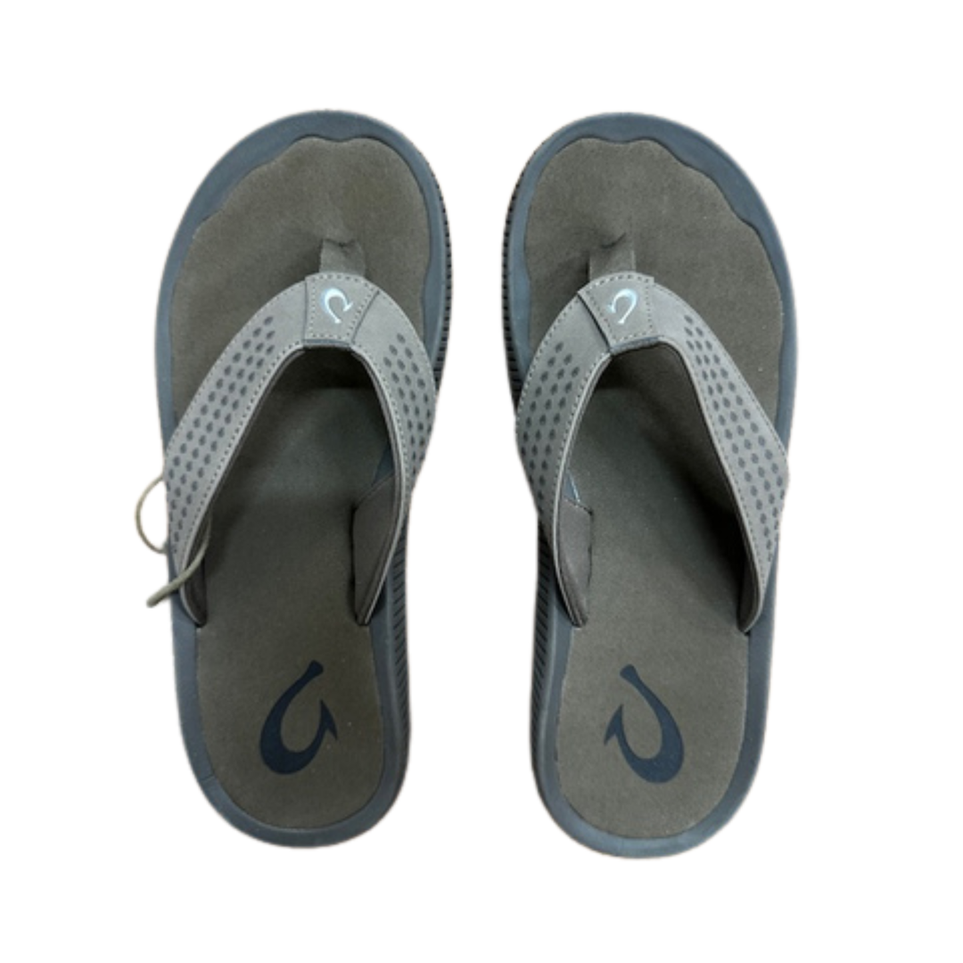 Pair of gray sandals with a brand logo on a white background