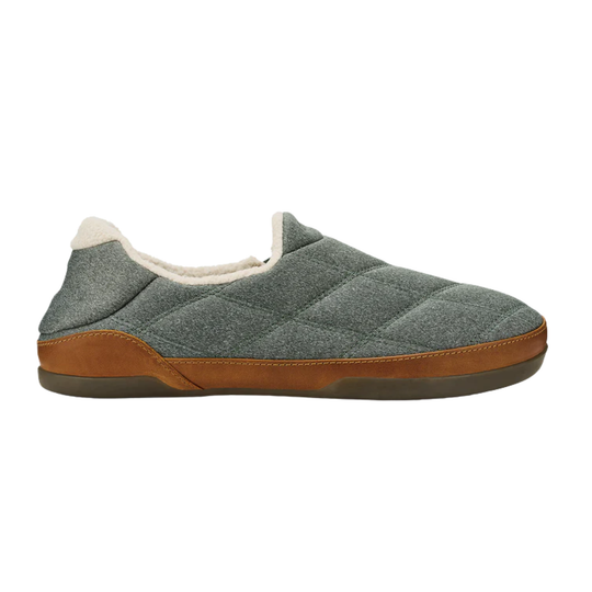 Gray slip-on shoe with brown sole on a white background