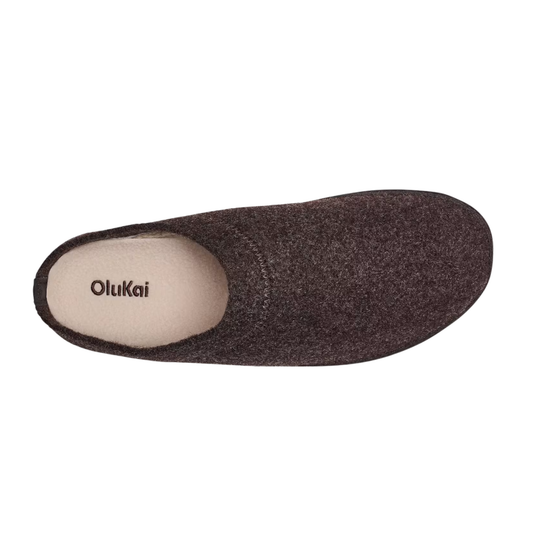 Brown wool mule slipper with beige insole and OluKai logo