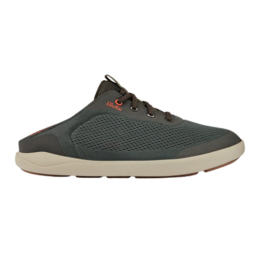Dark gray slip-on shoe with brown laces, mesh upper, and a cream sole