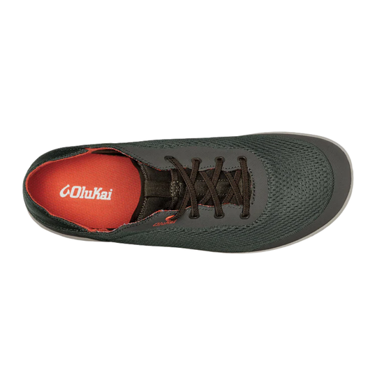 Dark green and gray boat shoe with brown laces and orange interior, shown from above