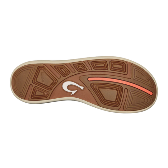 Sole of a shoe with a brand logo on a white background