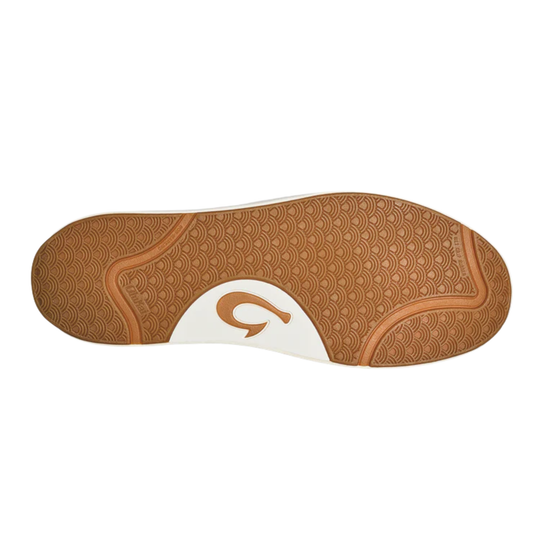 Brown shoe sole with a logo on a white background