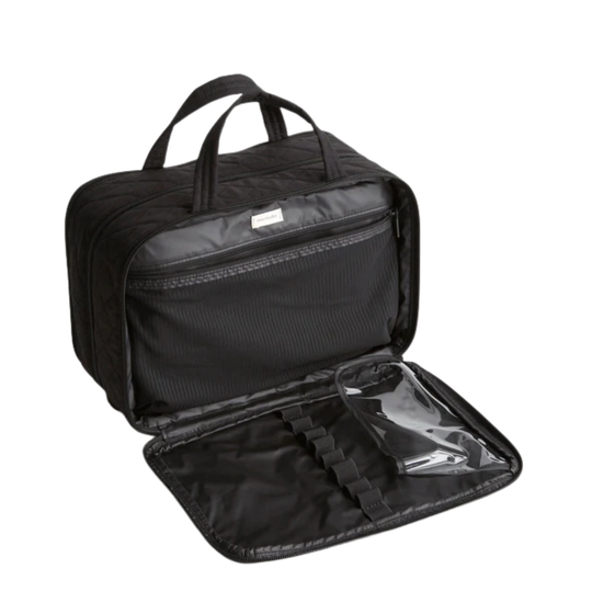 Black travel bag with open compartment showing organized interior on a white background