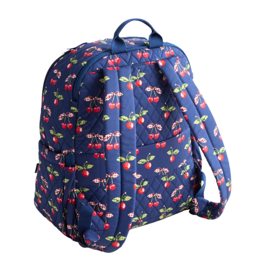 Blue backpack with cherry pattern on a white background