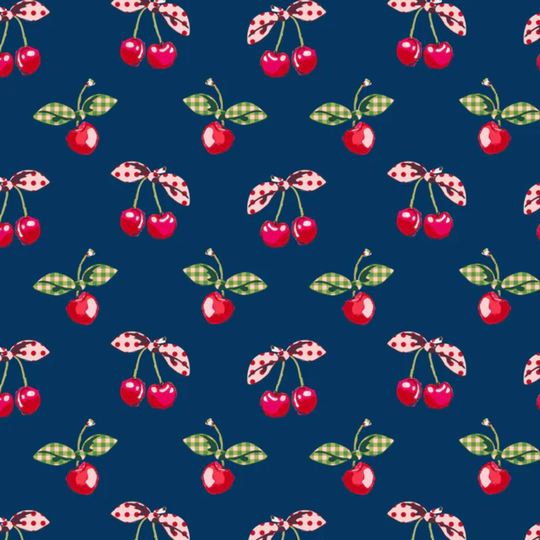 Pattern of cherries with bows on a blue background