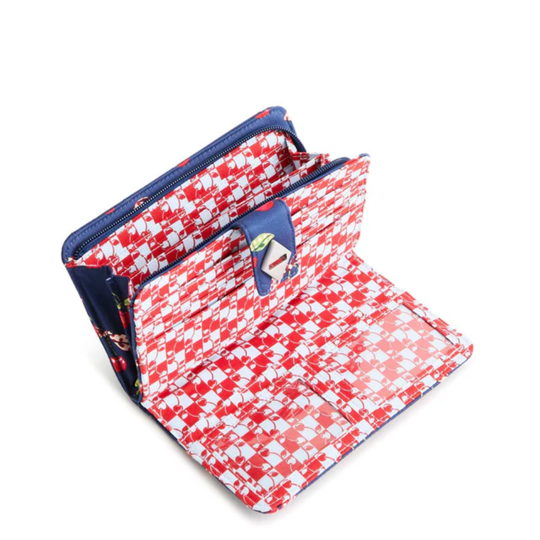 Red and white checkered pouch with blue zipper on a white background