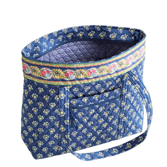Blue floral-patterned tote bag on a white background
