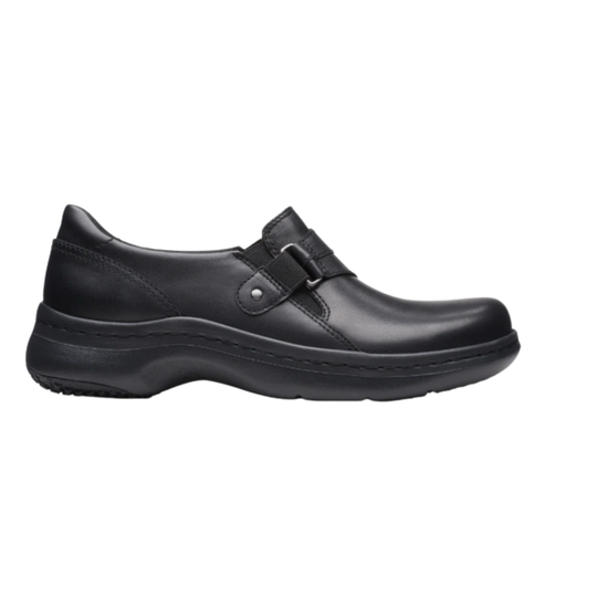 Black shoe with a strap on a white background