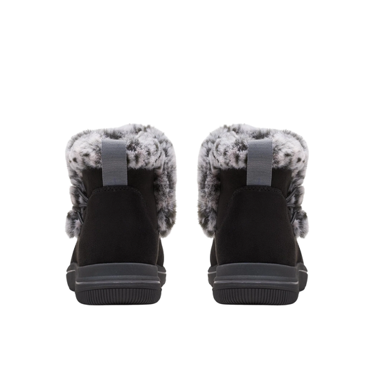 Black winter boots with gray fur trim on a white background