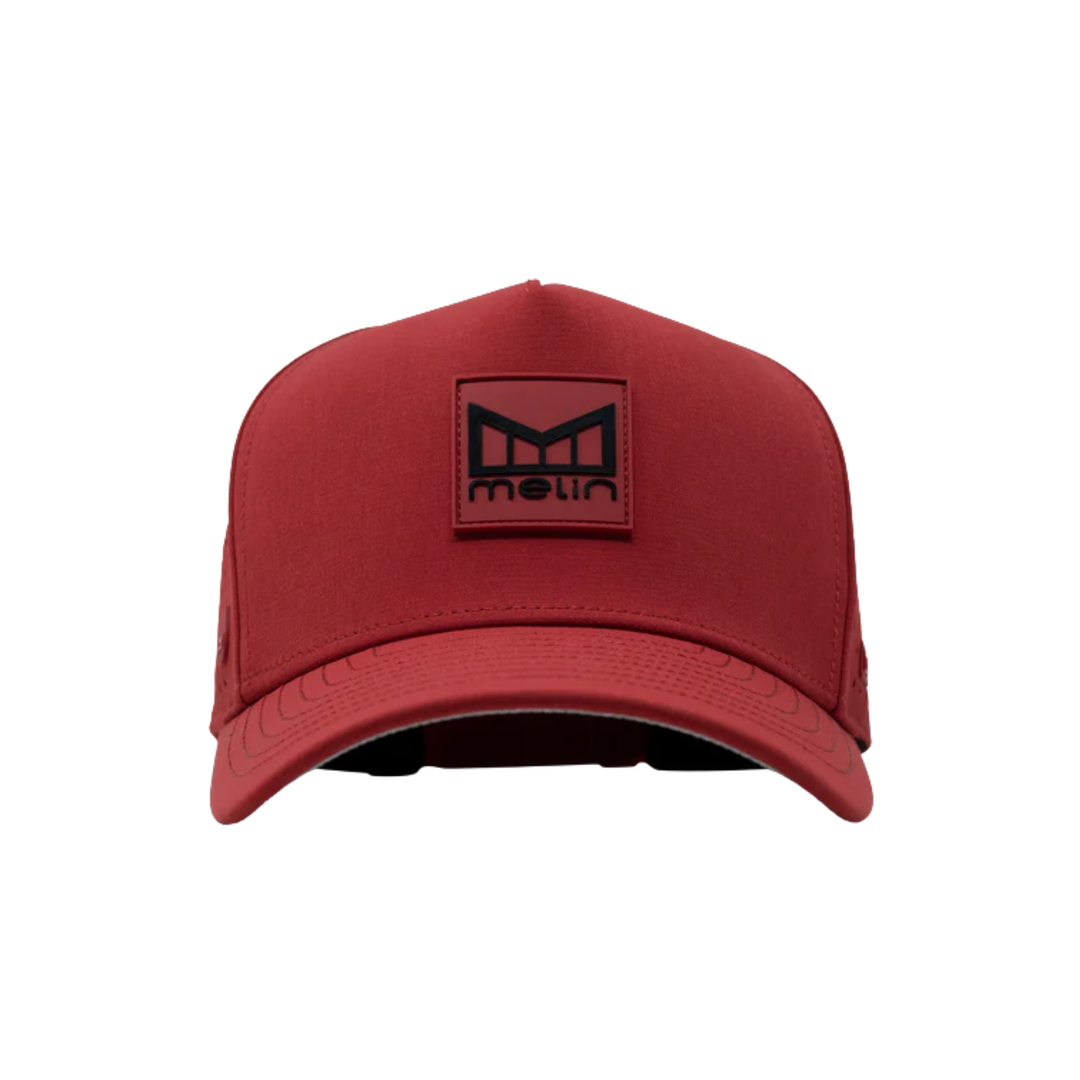Red cap with a black logo on a white background