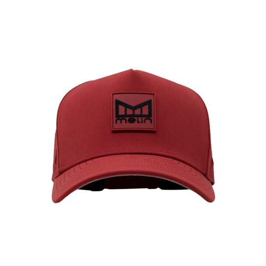 Red cap with a black logo on a white background