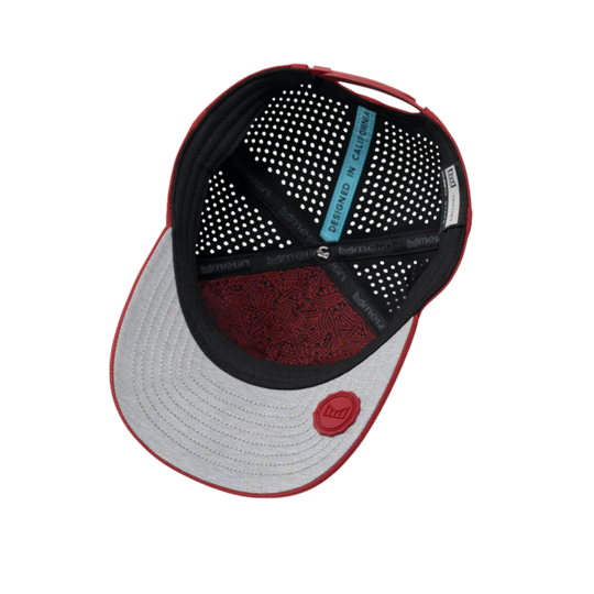 Baseball cap with red, black, and gray design on a white background