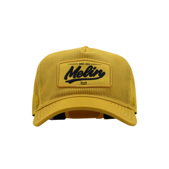 Yellow cap with a brand logo on a white background