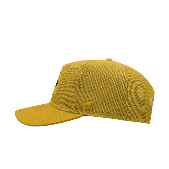 Yellow cap with a small logo on a white background