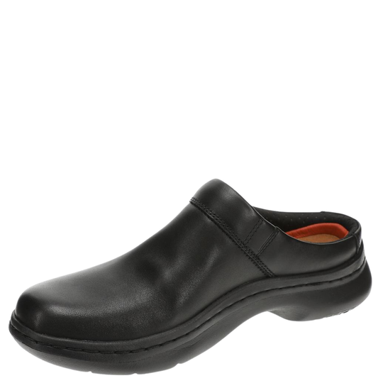Black slip-on shoe on a white background