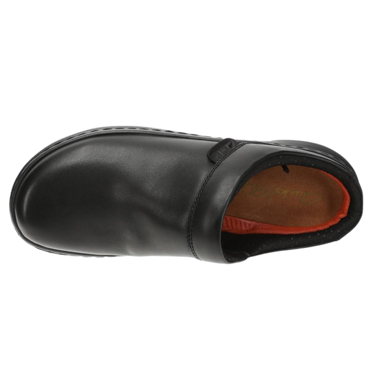 Black leather shoe with a brown insole on a white background