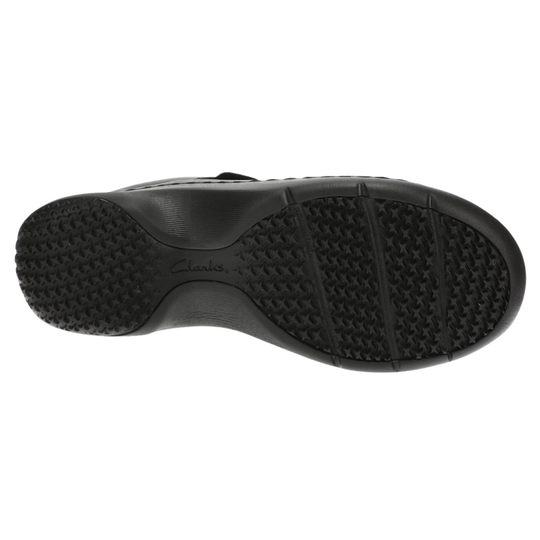 Black shoe sole with brand logo on a white background
