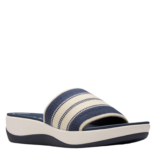 Navy and white striped sandal on a white background