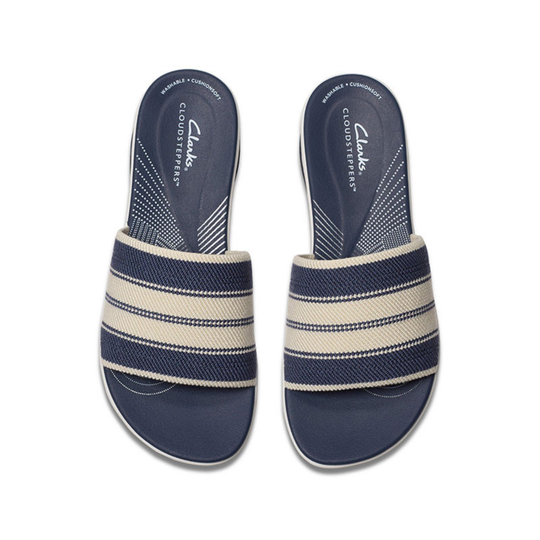 Pair of navy and beige striped sandals on a white background