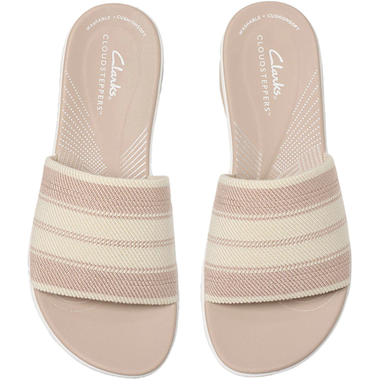 Pair of beige slides with woven straps on a white background