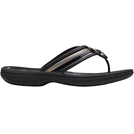 Black sandal with a metallic strap on a white background