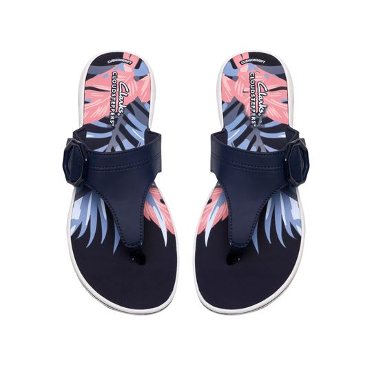 Pair of navy sandals with floral design on a white background