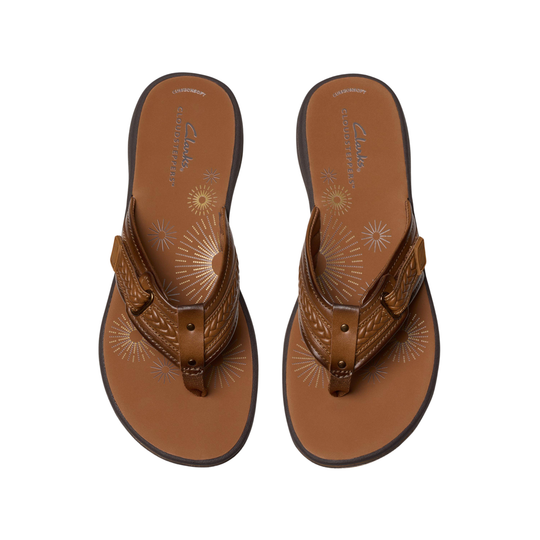 Pair of brown sandals with detailed design on a white background